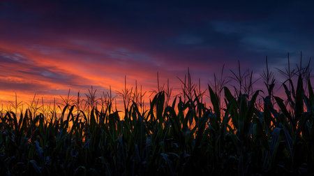 Corn farm at dusk with orange and purple sky coloring the landscape and silhouettesの素材