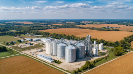Corn storage silos and grain elevators surrounded by expansive farmlandの素材