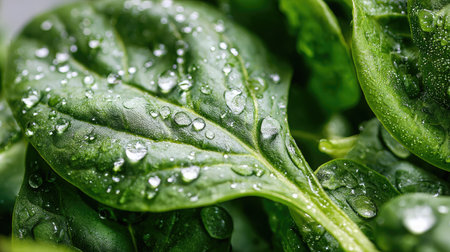 Close-up macro shot of water droplets on fresh spinach leavesの素材
