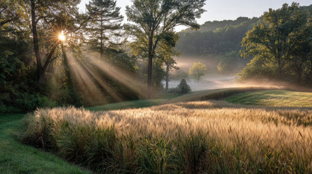 Early morning mist over a cornfield with sunbeams peeking through tall stalksの素材