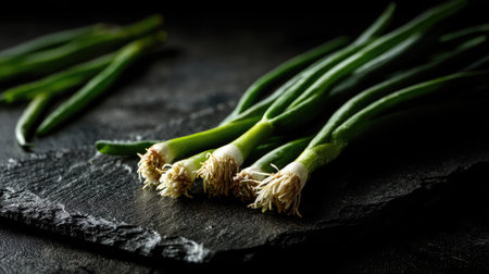 Green onions laid on a slate surface with a dramatic lighting contrastの素材