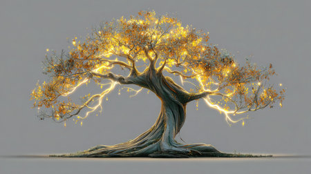 Digitally rendered fantasy tree with glowing branches placed in the center on whiteの素材