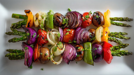 Colorful vegetable skewers laid flat on a clean white plateの素材