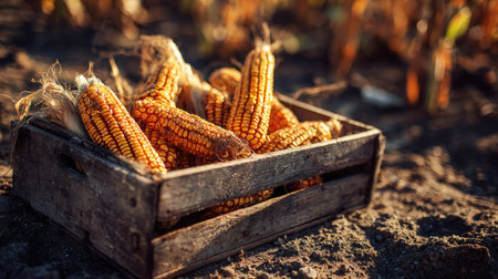 Freshly picked corn cobs laid in a rustic wooden crate on dry soil in the fieldの素材