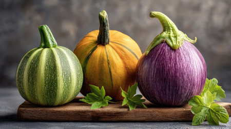 Fresh zucchini, eggplant, and squash displayed together on a wooden boardの素材