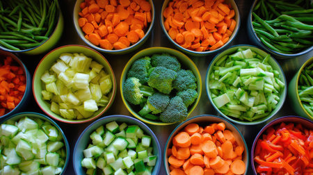 Cut vegetables placed in separate bowls arranged in a grid layoutの素材