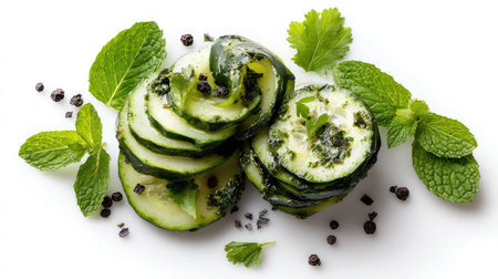 Cut cucumber slices arranged in a spiral with herbs on whiteの素材