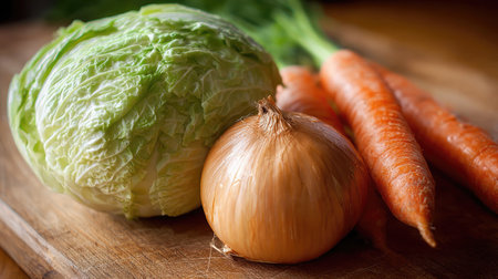 Fresh cabbage, carrots, and onions on a wooden prep surface, ready for coleslawの素材