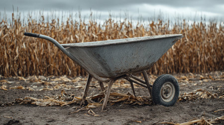 Empty wheelbarrow next to harvested corn stalks left standing in the soilの素材