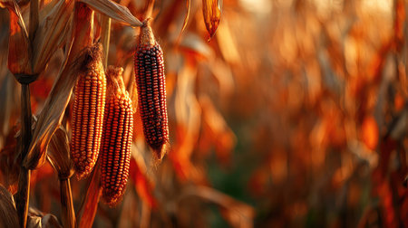 Close-up of ripe corn cobs still on the stalk in a sunlit rural cornfieldの素材