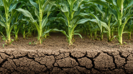 Close-up of cracked and dry soil beneath healthy green corn plants during summerの素材