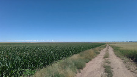 Clear blue sky over an endless horizon of tall green corn with a dirt road cutting throughの素材