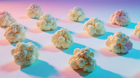 Cauliflower florets placed evenly with shadows on a pastel backgroundの素材