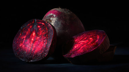 Glistening beets sliced to show interior pattern with dramatic lightingの素材