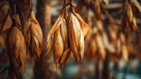 Close-up of drying corn husks hanging off the stalk in warm afternoon lightの素材