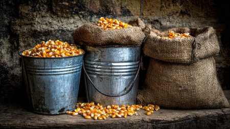 Golden kernels scattered across burlap sack beside metal buckets in a corn drying shedの素材