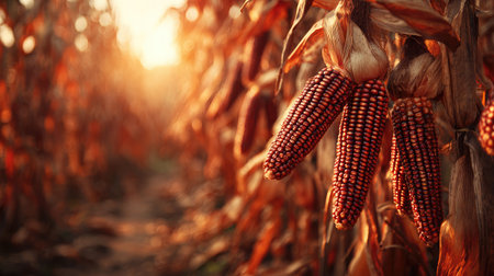 Close-up of ripe corn cobs still on the stalk in a sunlit rural cornfieldの素材