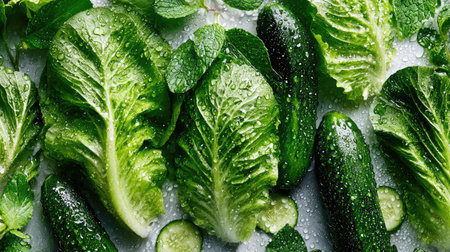 Close-up of dewy green lettuce leaves and fresh cucumbers on a clean surfaceの素材