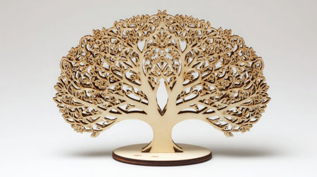 Decorative wooden tree figure with laser-cut patterns placed neatly on whiteの素材
