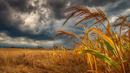 Corn plants gently swaying in the wind under a cloudy rural sky, horizon in the backgroundの素材