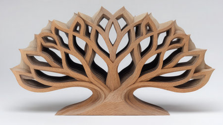Decorative wooden tree figure with laser-cut patterns placed neatly on whiteの素材