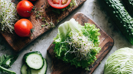 Fresh vegetable wrap ingredients laid flat including lettuce, tomato, cucumber, and sproutsの素材