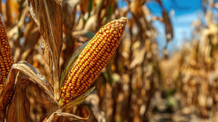 Close-up of ripe corn cobs still on the stalk in a sunlit rural cornfieldの素材
