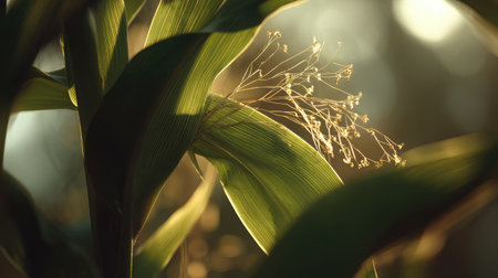 Detailed view of corn leaves and silk in warm sunlight with shallow depth of fieldの素材