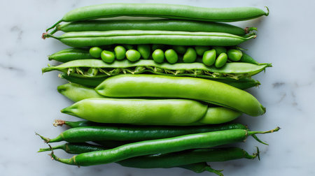 Fresh green beans and snap peas stacked neatly on a clean surfaceの素材