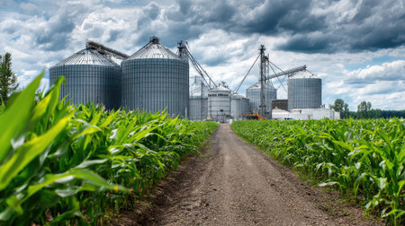 Fertilizer tanks lined next to growing corn during the early vegetative stageの素材