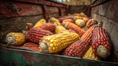 Harvested corn cobs in a metal trailer awaiting transport from the fieldの素材
