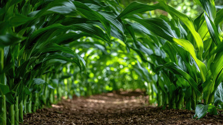 Deep green corn leaves forming tunnels through the rows on a sunny farm dayの素材