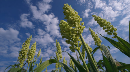 Green corn tassels reaching upward against a bright, cloud-dotted summer skyの素材