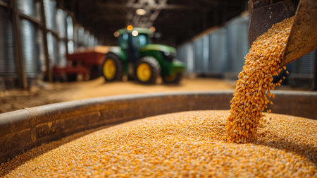 Corn grains being poured into a large grain bin with farming equipment in the backgroundの素材