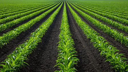 Midday shadows cast over uniform rows of green corn leaves in a sunlit fieldの素材