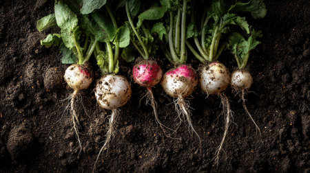 Radishes with soil still on roots laid across a textured background for organic lookの素材