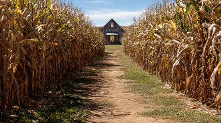 Pathway through the middle of a cornfield leading to a distant barn structureの素材