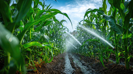 Organic corn fields under sustainable irrigation system with water gently sprayingの素材