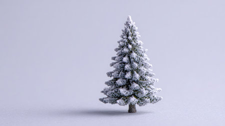 Miniature snowy tree model with white flocking standing on blank backgroundの素材