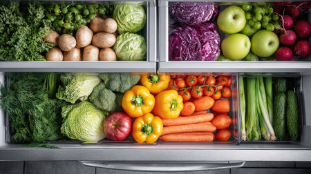 Overhead view of open vegetable drawer in refrigerator with assorted fresh produceの素材