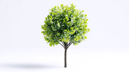 Mini tree model with round foliage and short trunk centered on white matte surfaceの素材