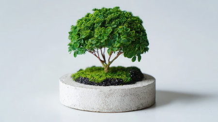 Mini tree model with round foliage and short trunk centered on white matte surfaceの素材