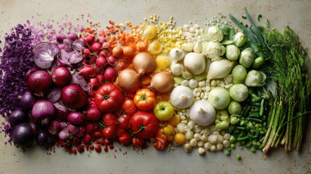 Organic vegetables grouped by color on a neutral canvas for harmony and balanceの素材