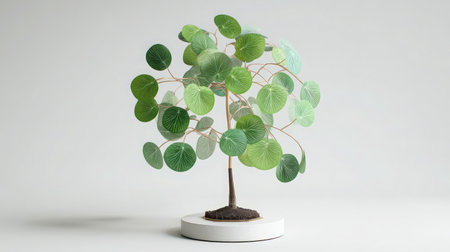 Mini tree model with round foliage and short trunk centered on white matte surfaceの素材