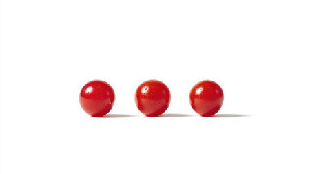 Minimalist shot of three cherry tomatoes placed symmetrically on clean whiteの素材