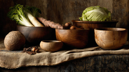 Mixed raw vegetables styled in wooden bowls with textured fabric backgroundの素材