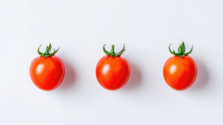 Minimalist shot of three cherry tomatoes placed symmetrically on clean whiteの素材