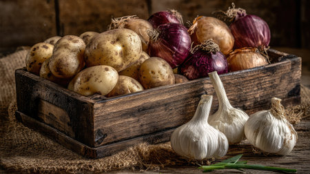 Potatoes, onions, and garlic displayed in a rustic farm-to-table arrangementの素材