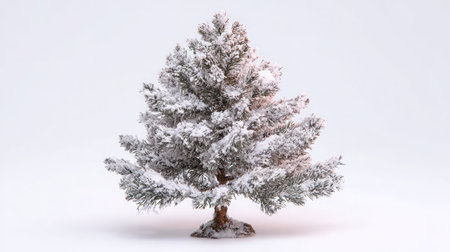 Miniature winter tree model dusted with artificial snow on pure white studio backgroundの素材
