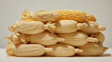Neatly stacked corn on the cob with husks pulled back, arranged on whiteの素材